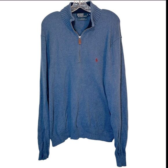 POLO RALPH LAUREN MENS SWEATER XL BLUE Brown 1/4 zip cotton pullover mock neck - Picture 1 of 10
